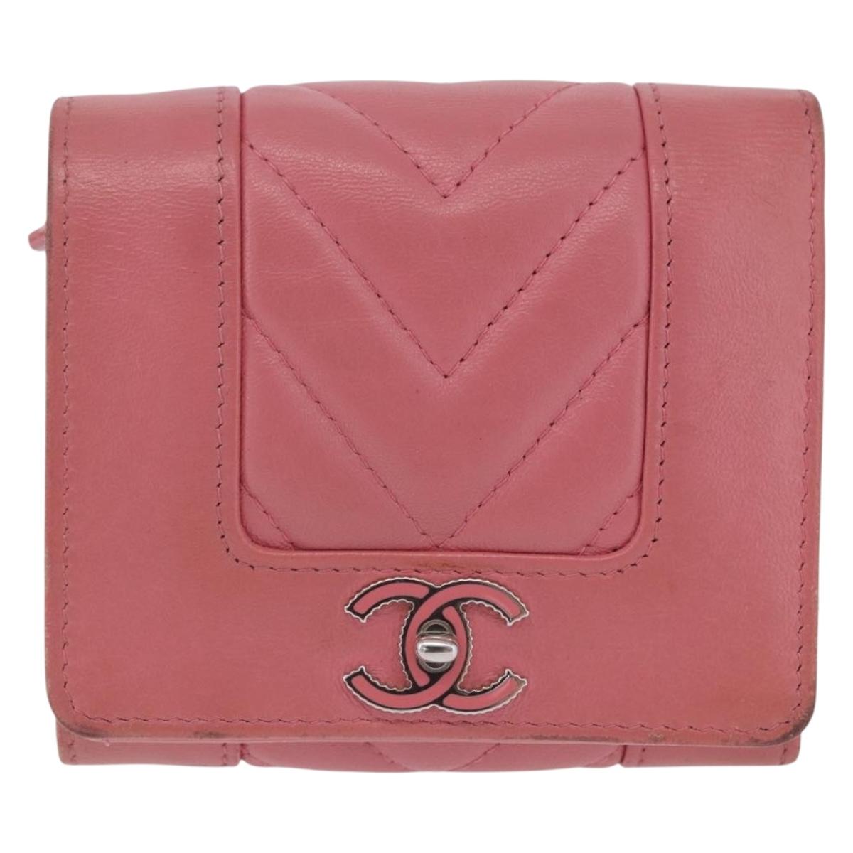 CHANEL V Stitch COCO Mark Bifold Wallet Lamb Skin Pink Silver CC Auth 204061A
