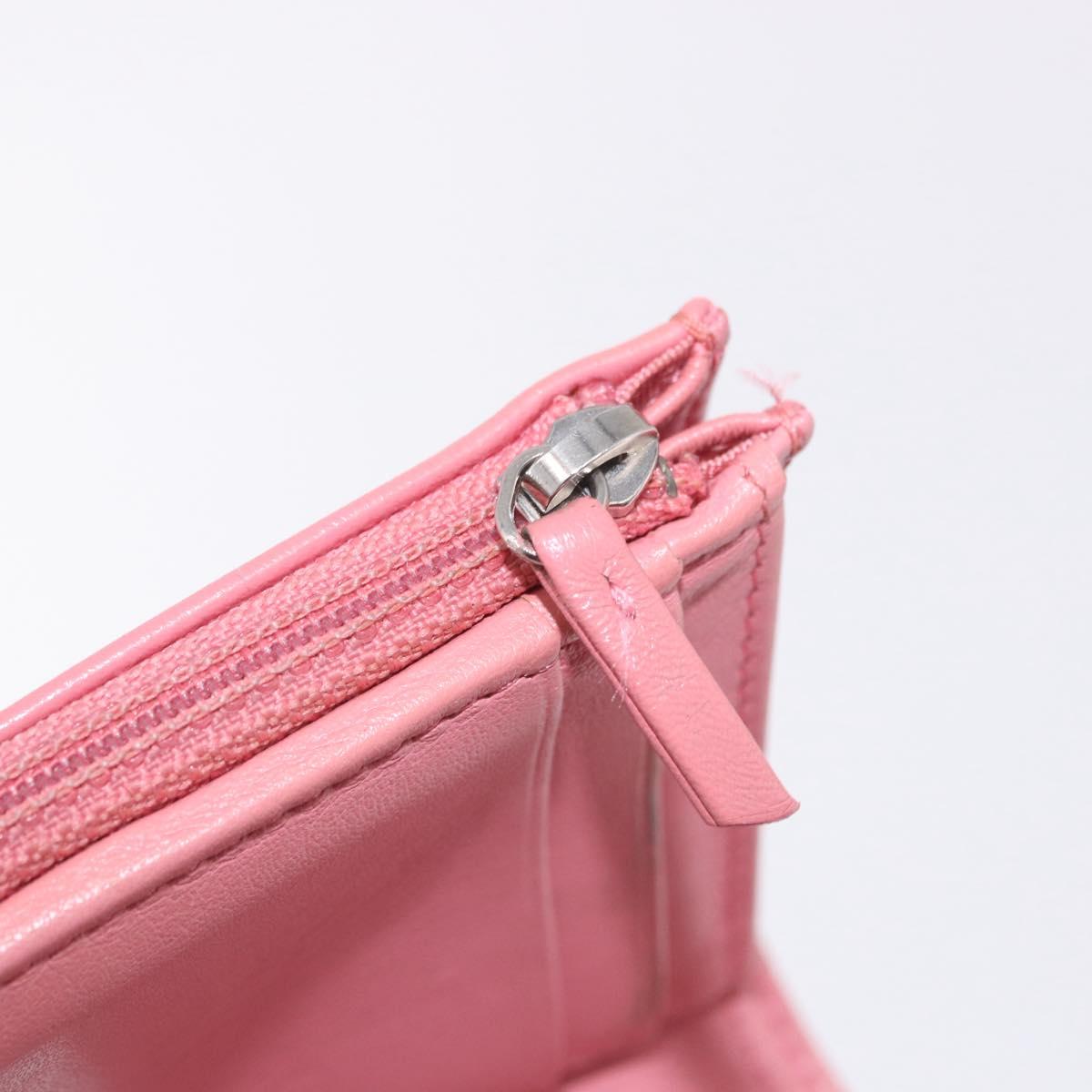 CHANEL V Stitch COCO Mark Bifold Wallet Lamb Skin Pink Silver CC Auth 204061A