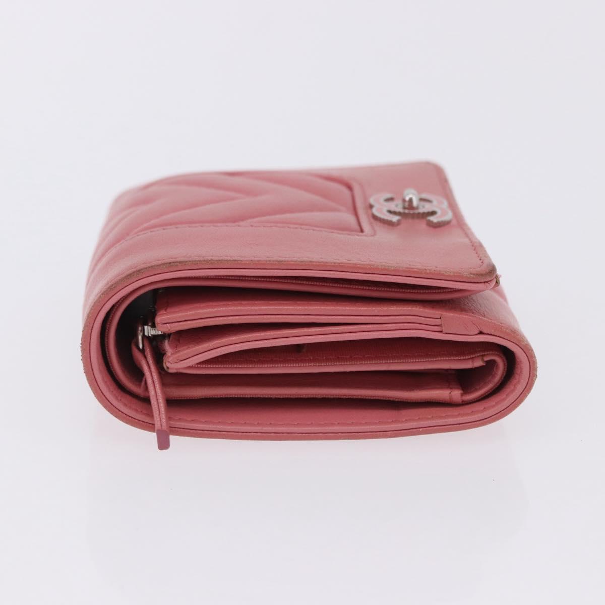 CHANEL V Stitch COCO Mark Bifold Wallet Lamb Skin Pink Silver CC Auth 204061A
