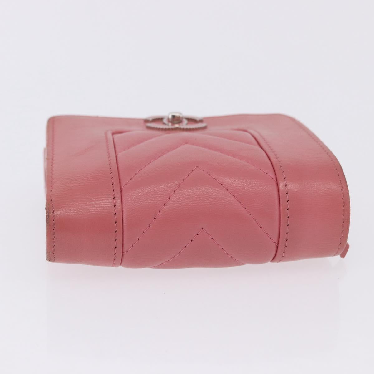 CHANEL V Stitch COCO Mark Bifold Wallet Lamb Skin Pink Silver CC Auth 204061A