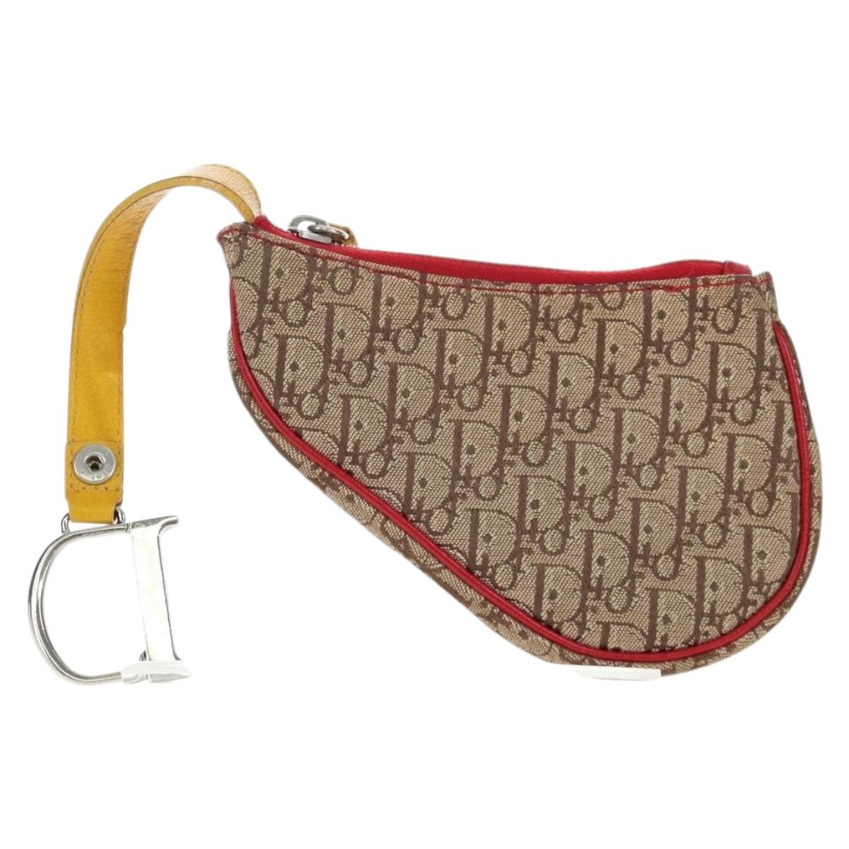 Christian Dior Trotter Canvas Saddle Coin Purse Beige Silver Auth 204064V