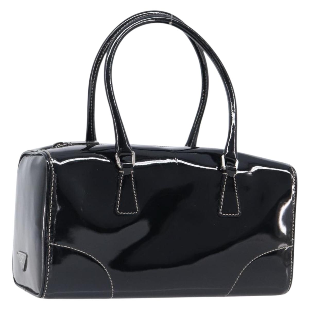 PRADA Hand Bag Patent leather Black Silver Auth 204066A