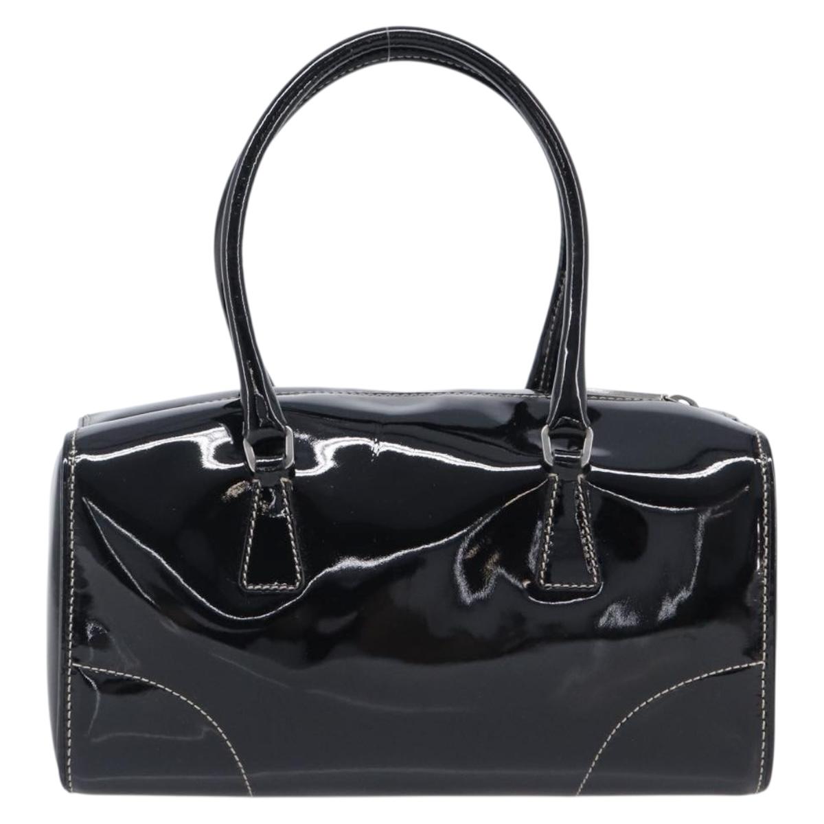 PRADA Hand Bag Patent leather Black Silver Auth 204066A