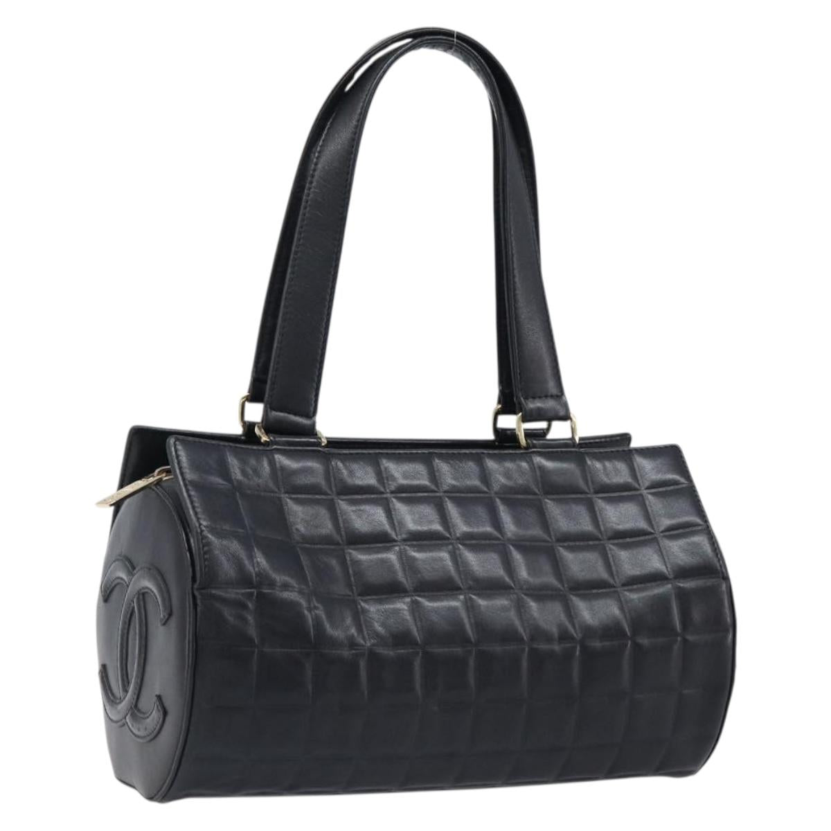 CHANEL Choco Bar Hand Bag Lamb Skin Black Gold CC Auth 204075V