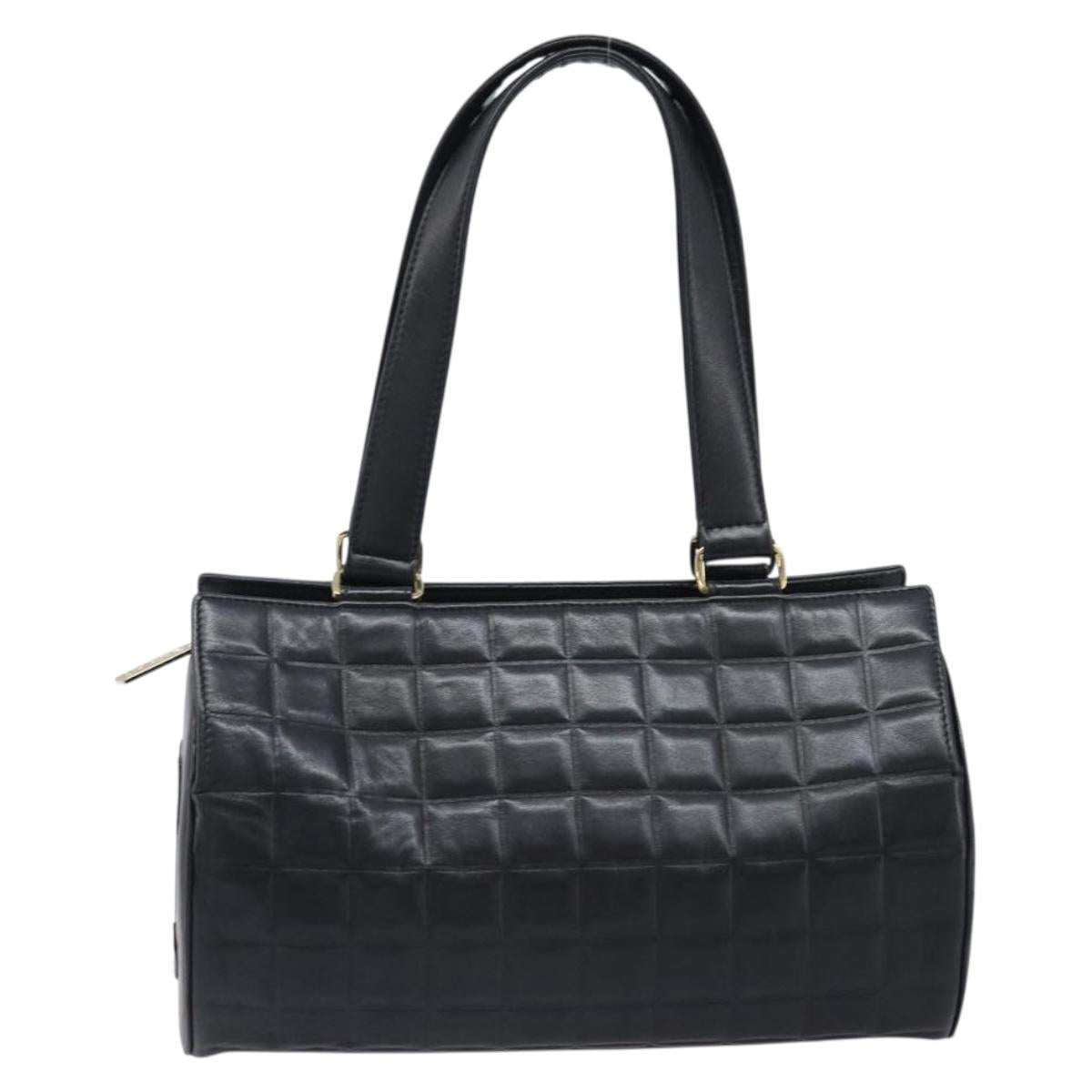 CHANEL Choco Bar Hand Bag Lamb Skin Black Gold CC Auth 204075V