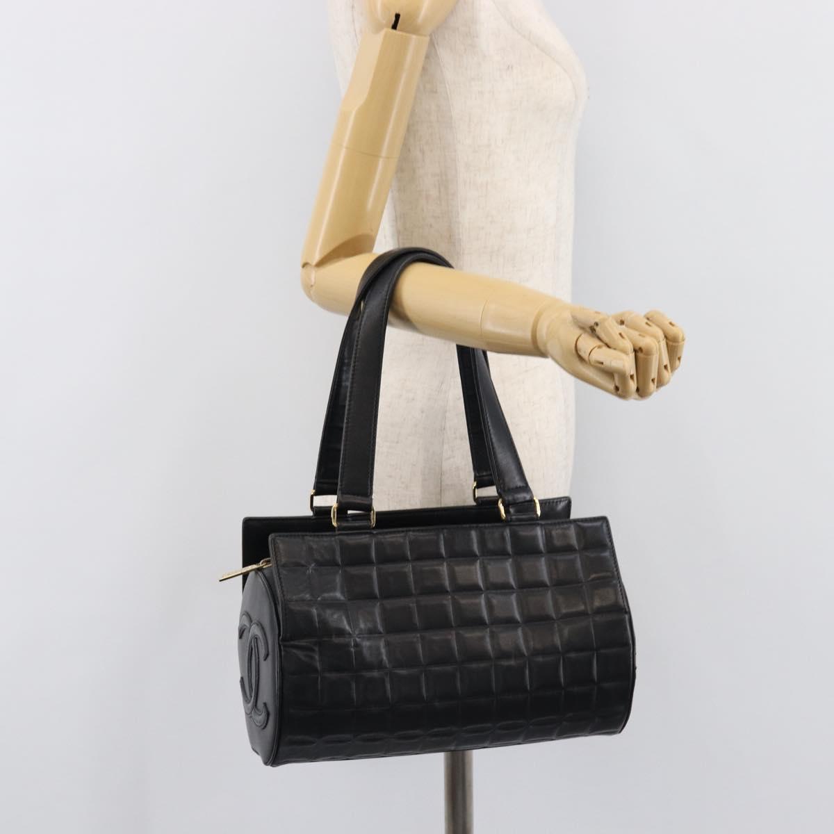 CHANEL Choco Bar Hand Bag Lamb Skin Black Gold CC Auth 204075V