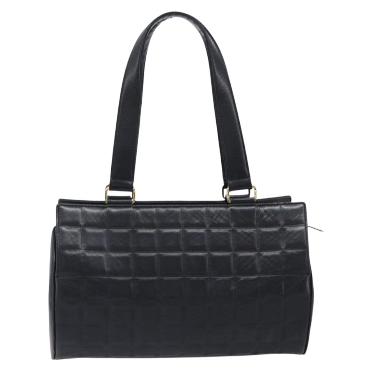 CHANEL Choco Bar Hand Bag Lamb Skin Black Gold CC Auth 204075V