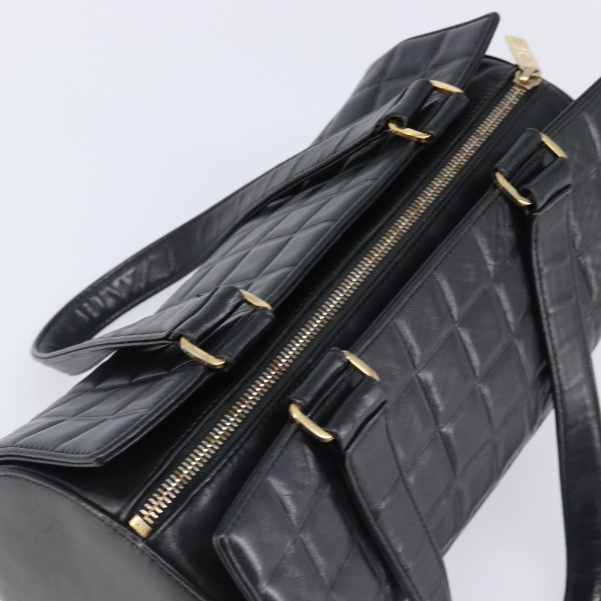 CHANEL Choco Bar Hand Bag Lamb Skin Black Gold CC Auth 204075V