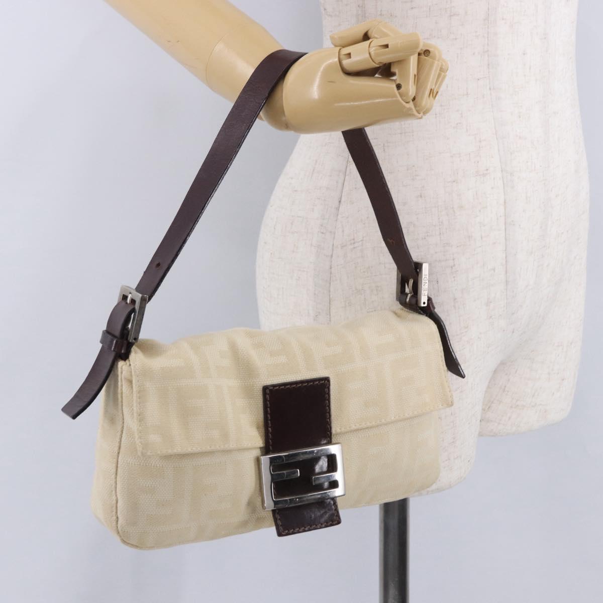 FENDI Zucca Canvas Mamma Baguette Shoulder Bag Beige Silver Auth 204087V