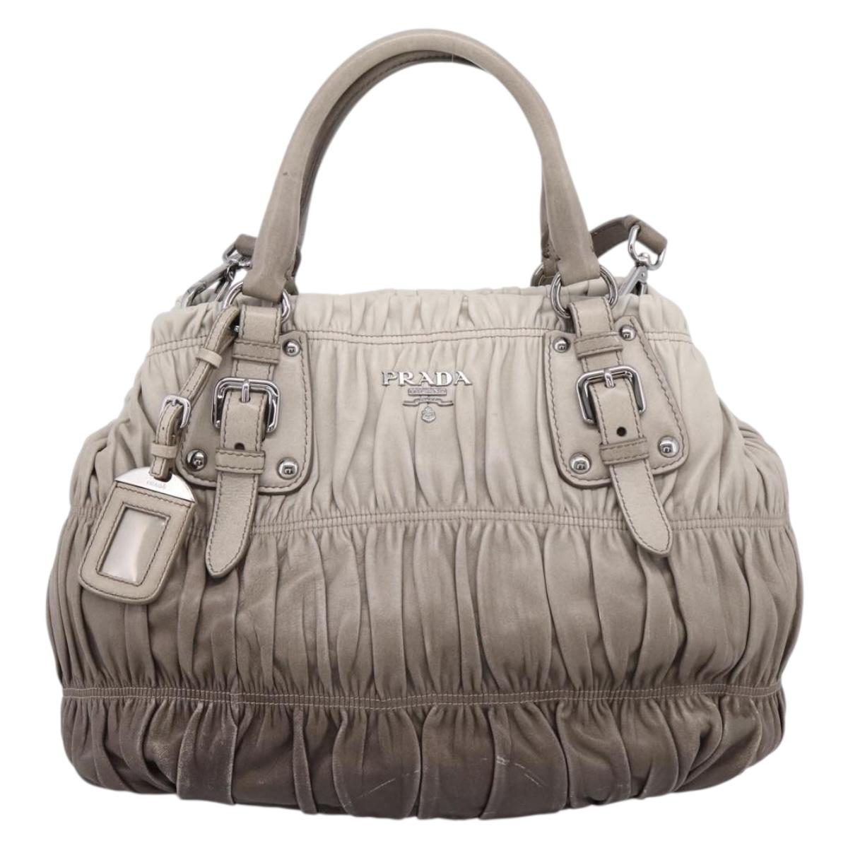 PRADA Gathered Hand Bag Leather 2way Gray Silver Auth 204095V