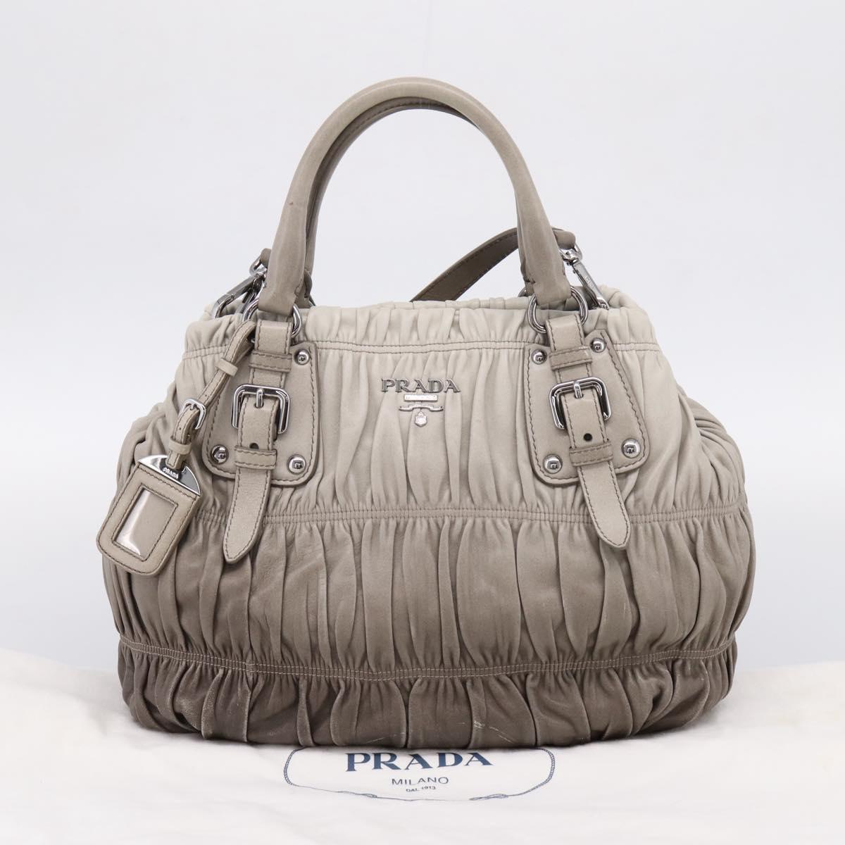 PRADA Gathered Hand Bag Leather 2way Gray Silver Auth 204095V
