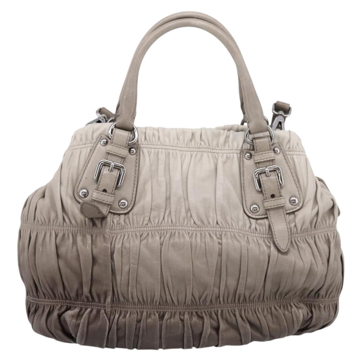 PRADA Gathered Hand Bag Leather 2way Gray Silver Auth 204095V