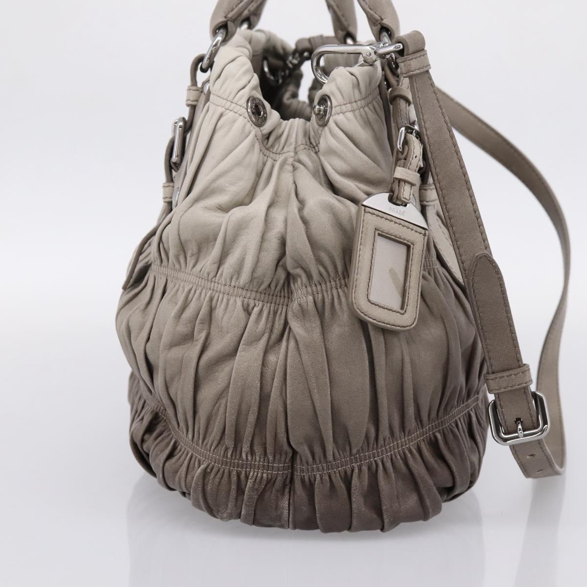 PRADA Gathered Hand Bag Leather 2way Gray Silver Auth 204095V
