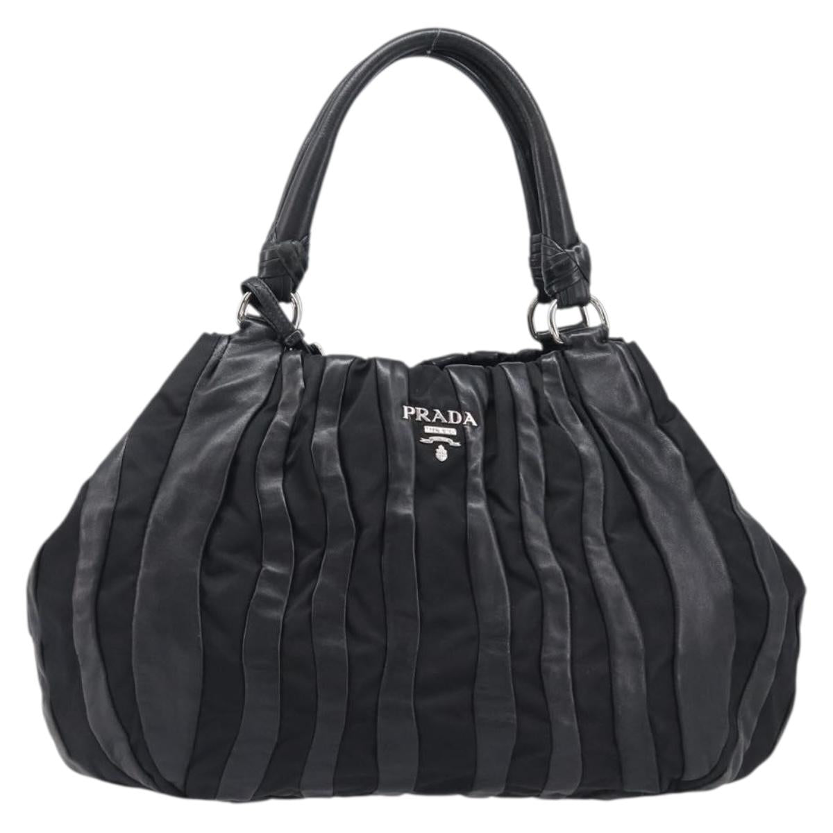 PRADA Crimson Hand Bag Leather Black Silver Auth 204098V