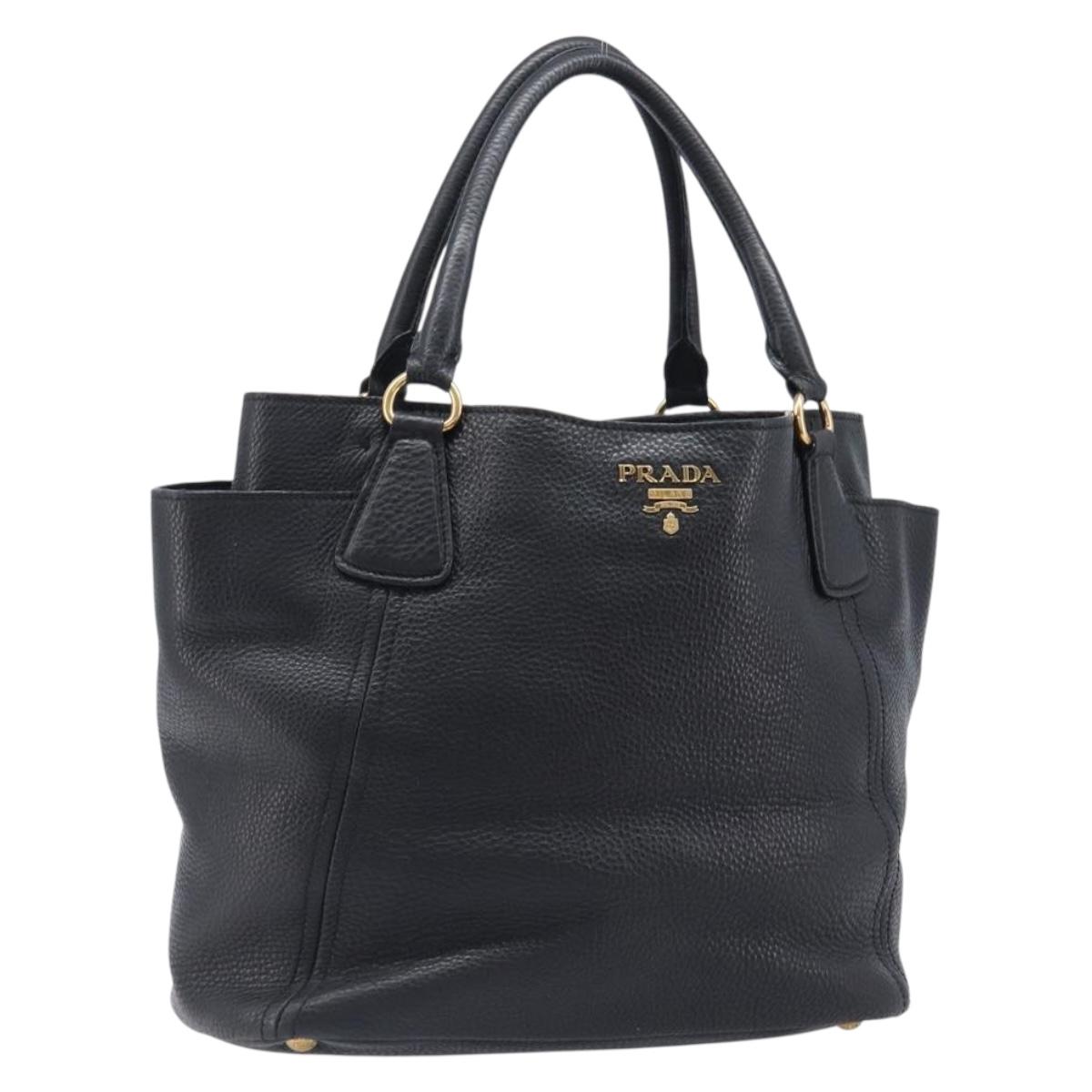 PRADA Vitellolux Hand Bag Leather Black Gold Auth 204100V