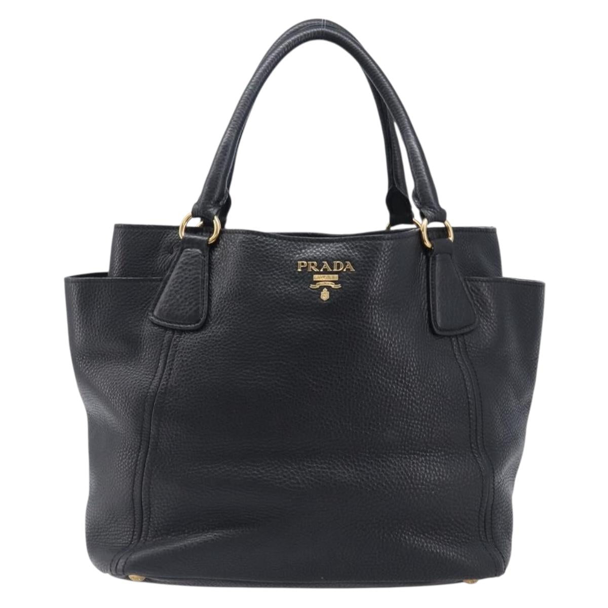 PRADA Vitellolux Hand Bag Leather Black Gold Auth 204100V