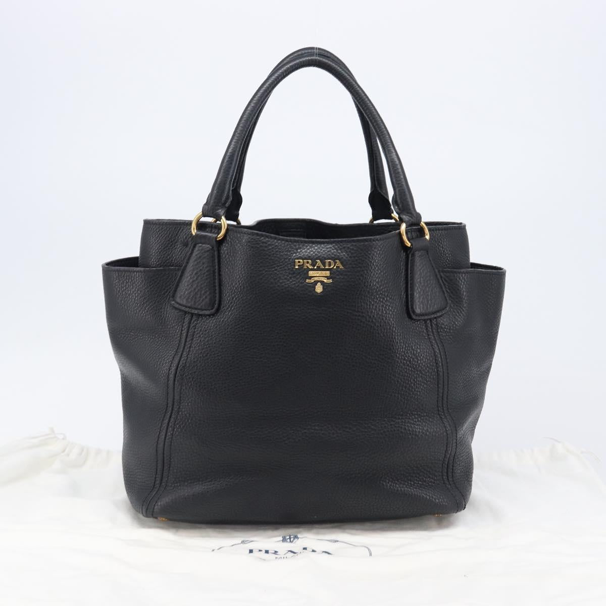 PRADA Vitellolux Hand Bag Leather Black Gold Auth 204100V