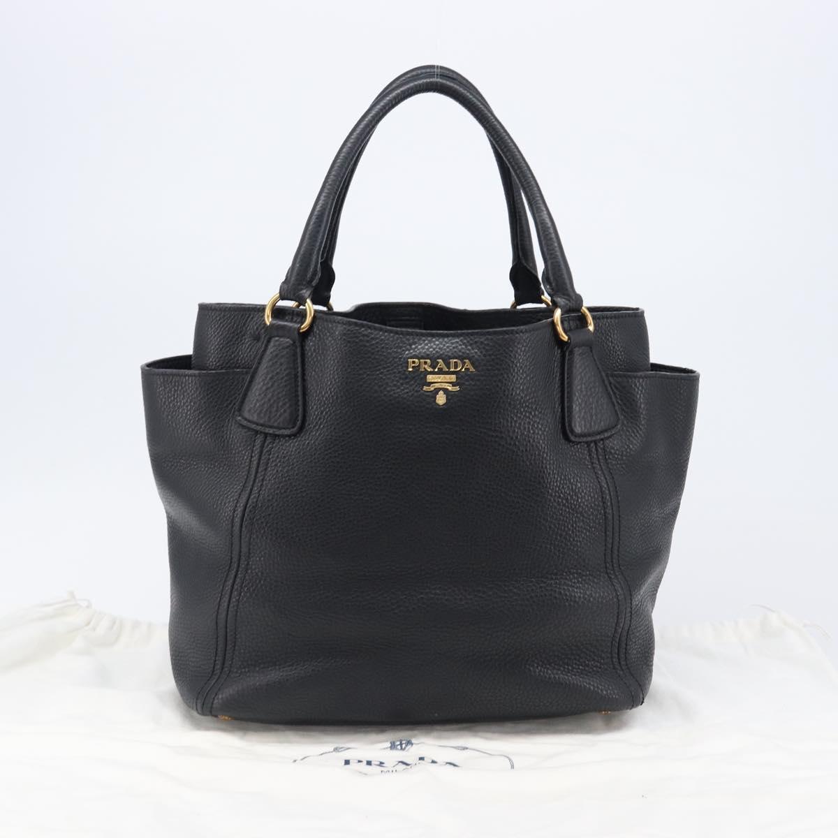 PRADA Vitellolux Hand Bag Leather Black Gold Auth 204100V