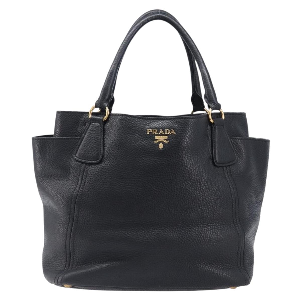PRADA Vitellolux Hand Bag Leather Black Gold Auth 204100V