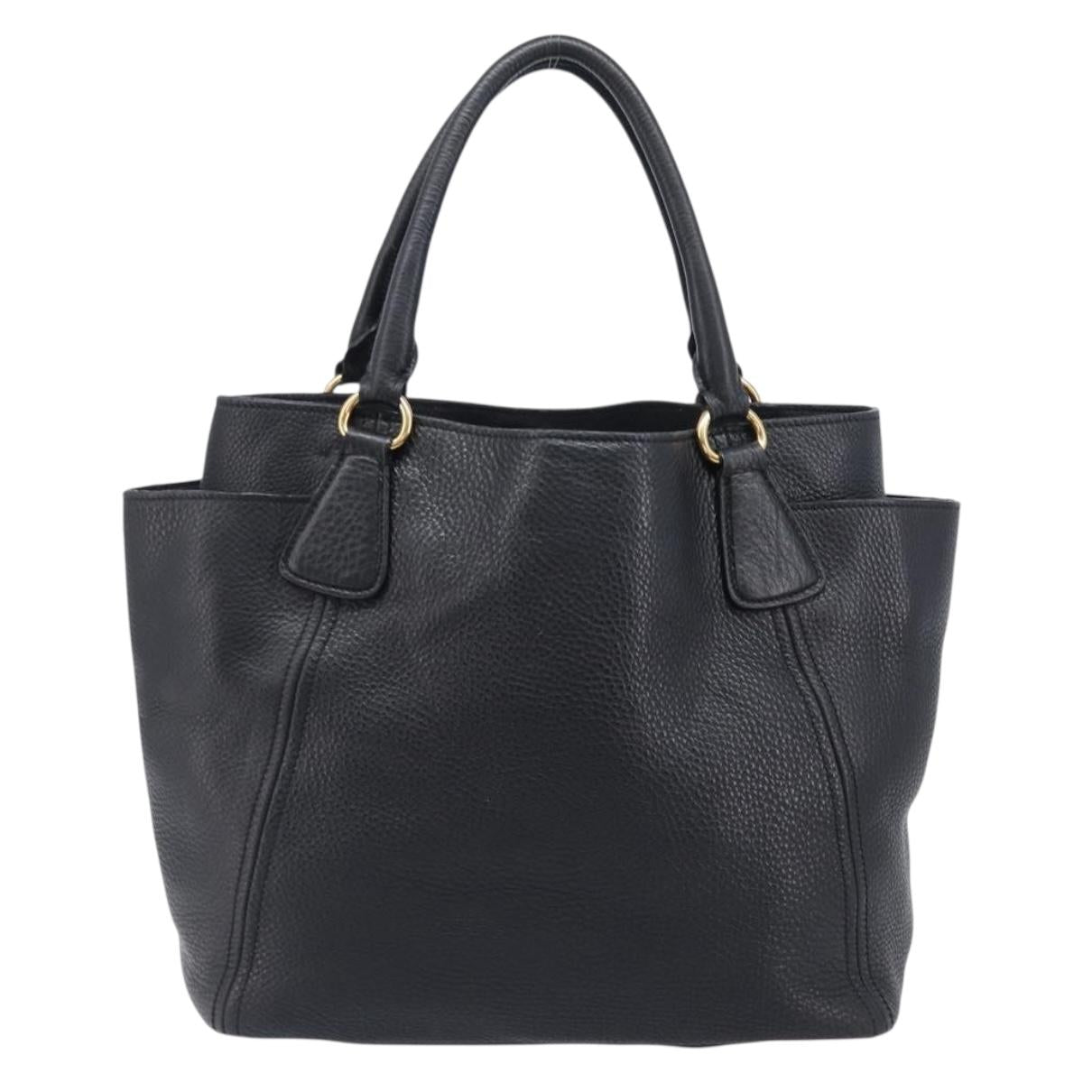 PRADA Vitellolux Hand Bag Leather Black Gold Auth 204100V
