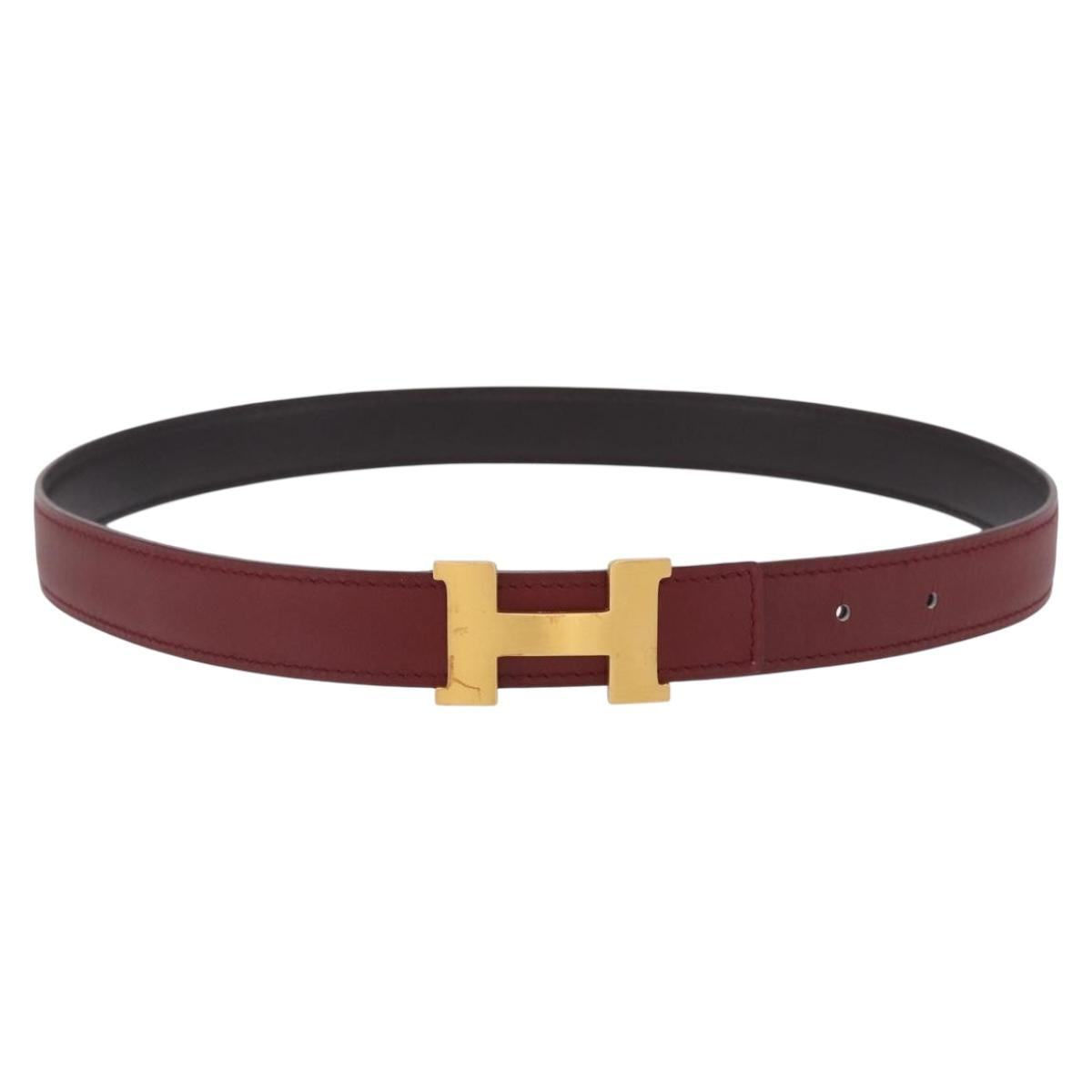 HERMES Constance H Belt Leather 33.1"" Red Gold Auth 204102