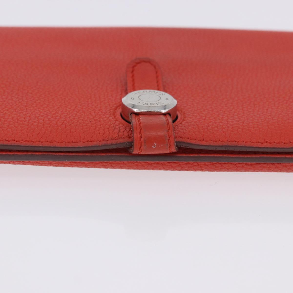 HERMES Dogon Wallet Taurillon Clemence Leather Orange Silver Auth 204105