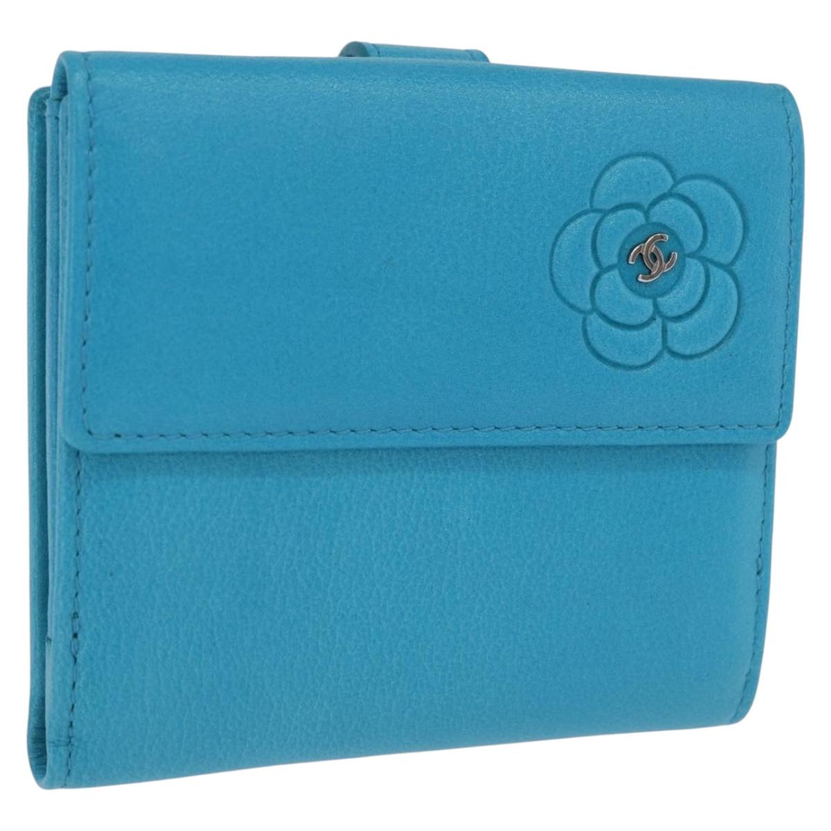 CHANEL Camelia Wallet Leather Blue Silver CC Auth 204106M
