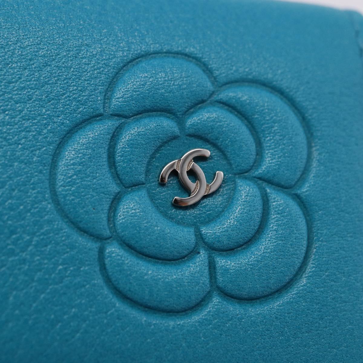 CHANEL Camelia Wallet Leather Blue Silver CC Auth 204106M