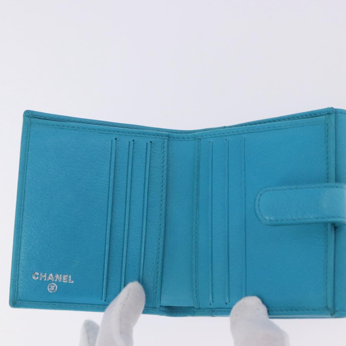 CHANEL Camelia Wallet Leather Blue Silver CC Auth 204106M