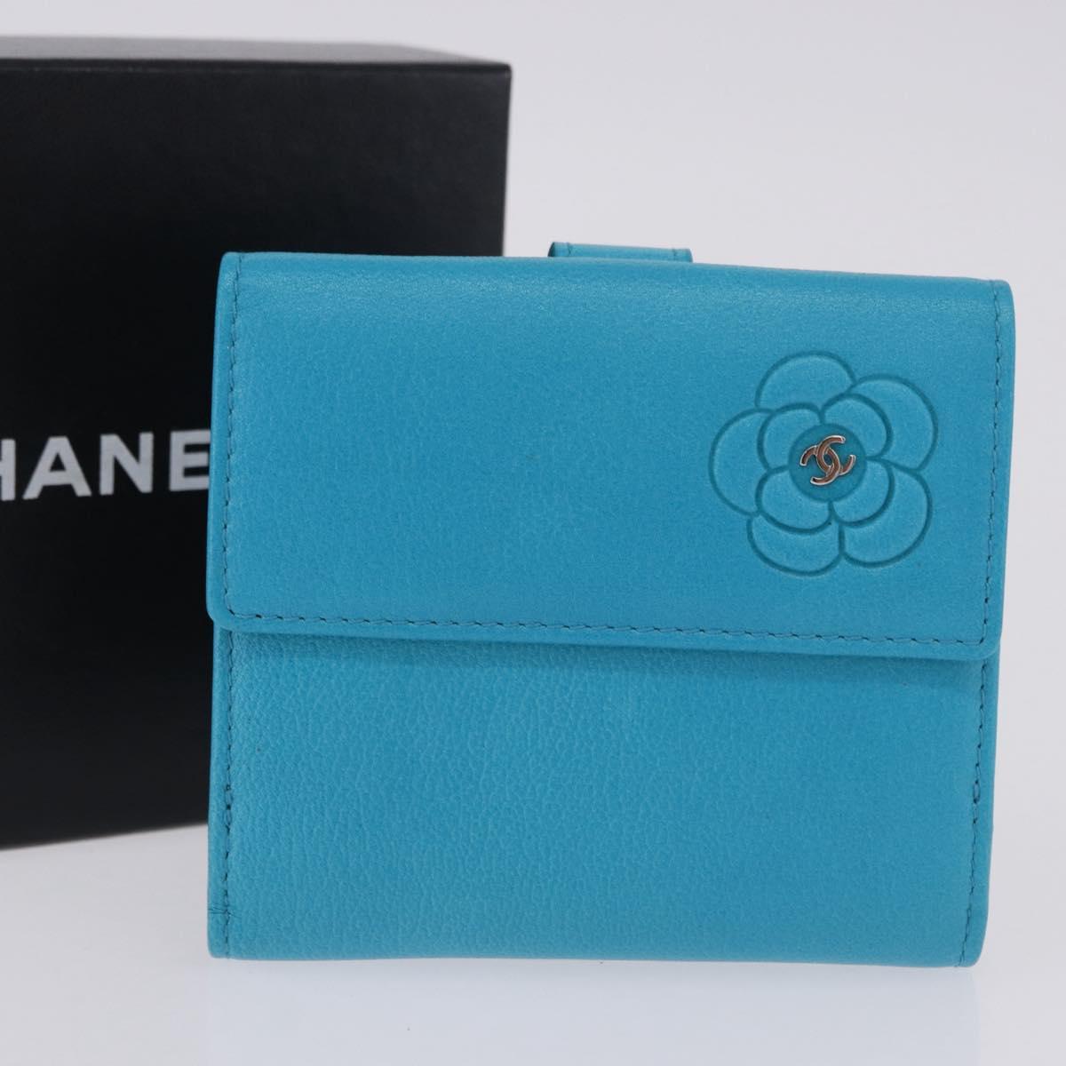 CHANEL Camelia Wallet Leather Blue Silver CC Auth 204106M