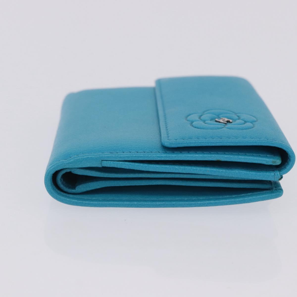 CHANEL Camelia Wallet Leather Blue Silver CC Auth 204106M