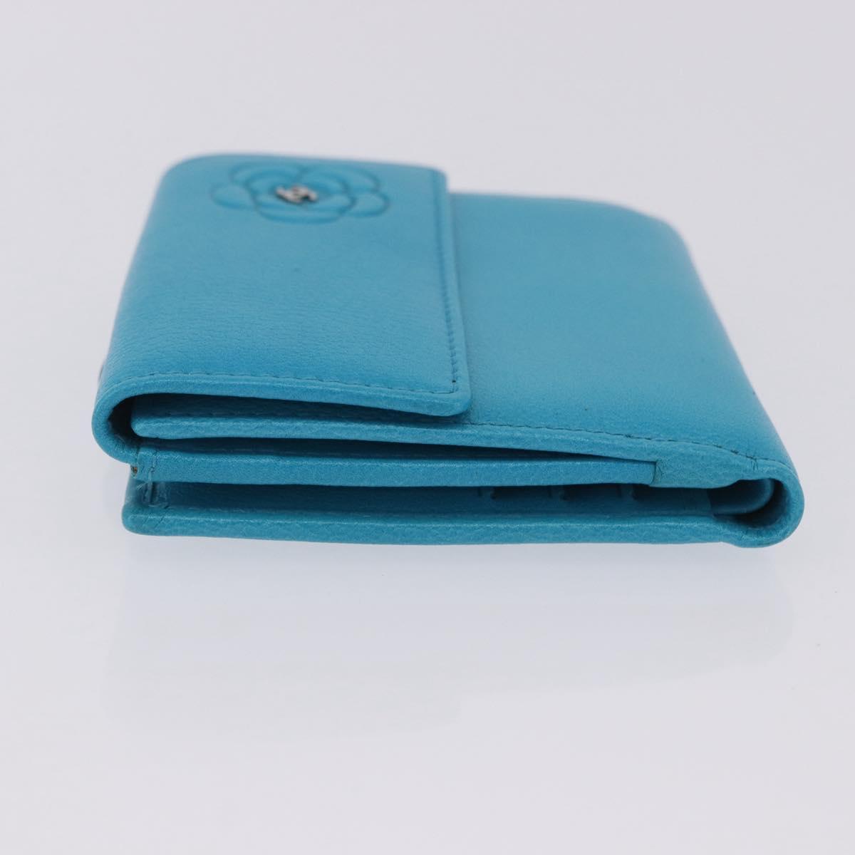 CHANEL Camelia Wallet Leather Blue Silver CC Auth 204106M