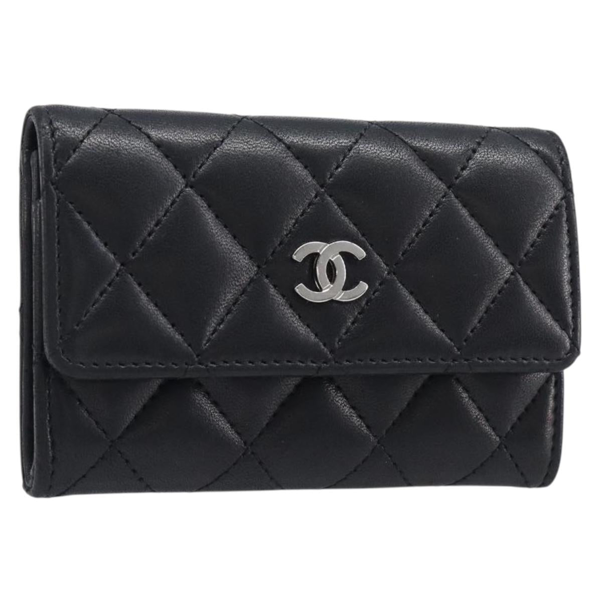 CHANEL Matelasse Card Case Lamb Skin Black Silver CC Auth 204109V
