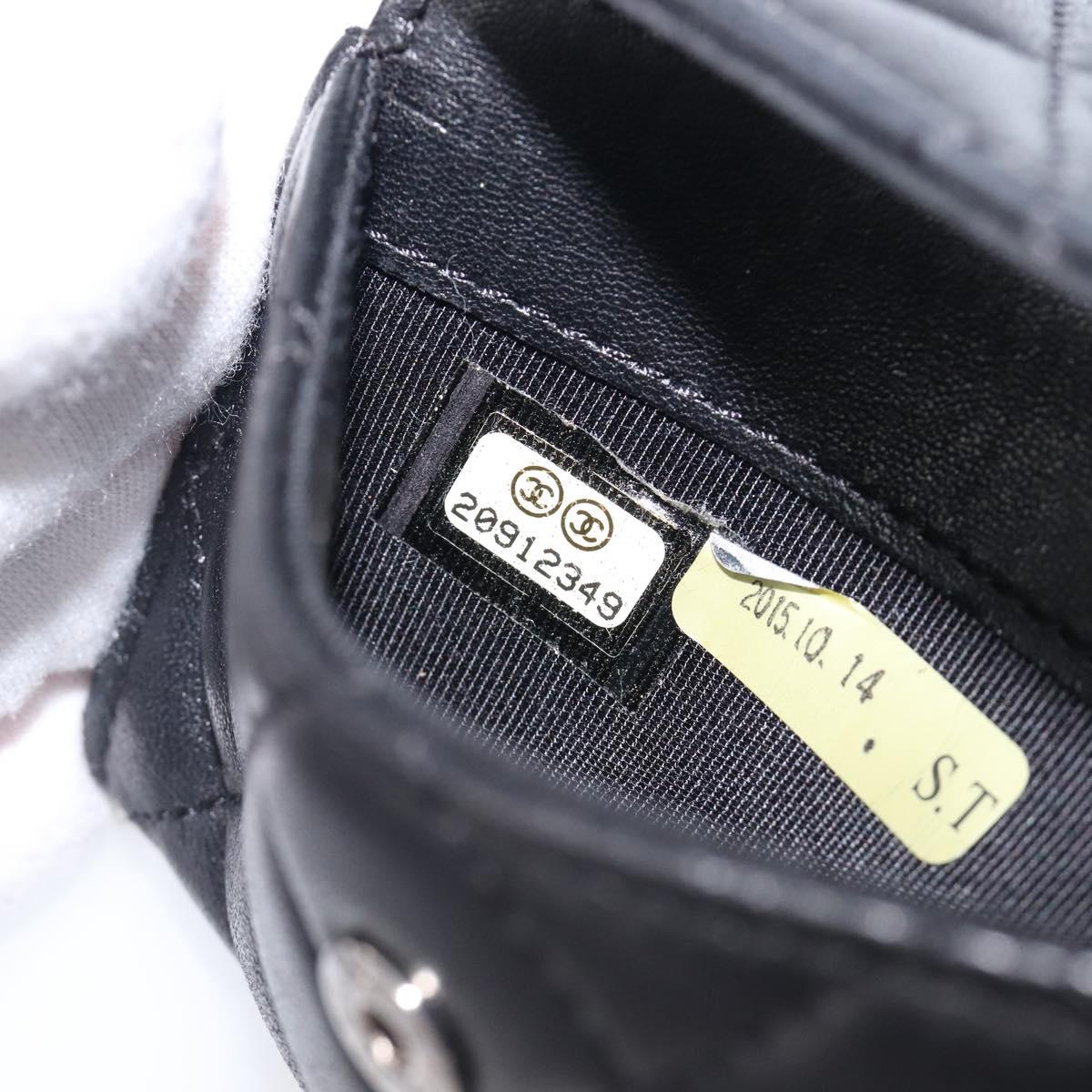 CHANEL Matelasse Card Case Lamb Skin Black Silver CC Auth 204109V