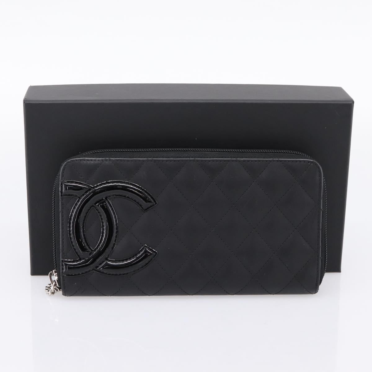 CHANEL Matelasse Cambon Line Long Wallet Leather Black Silver CC Auth 204110V