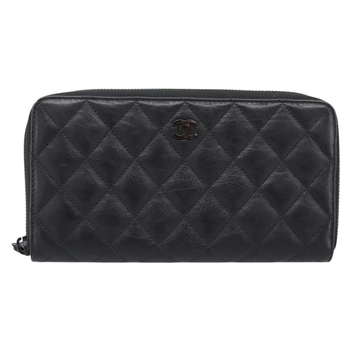 CHANEL Matelasse Long Wallet Leather Black CC Auth 204111V