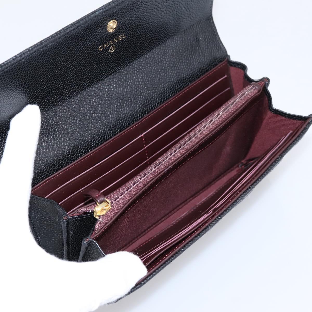 CHANEL Matelasse Long Wallet Caviar Skin Black Gold CC Auth 204114M
