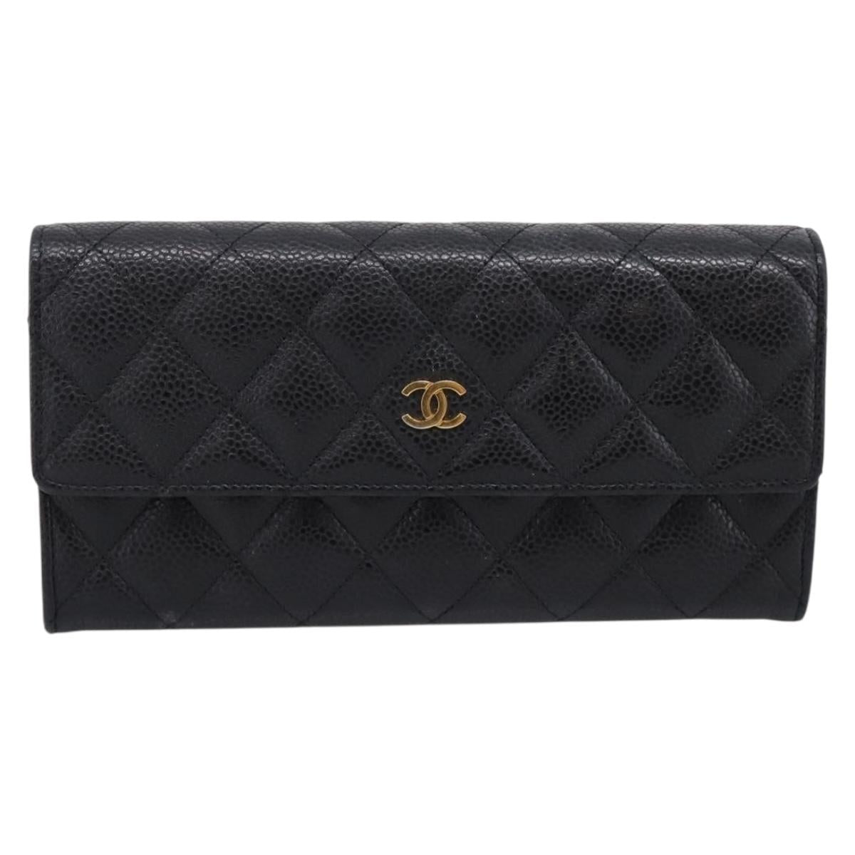 CHANEL Matelasse Long Wallet Caviar Skin Black Gold CC Auth 204114M
