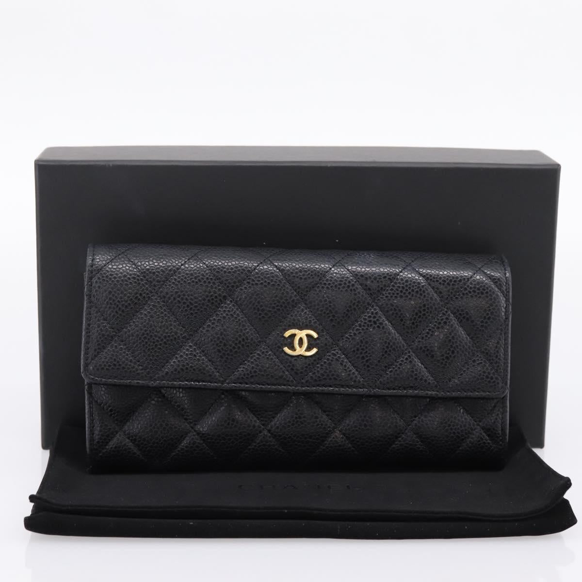 CHANEL Matelasse Long Wallet Caviar Skin Black Gold CC Auth 204114M