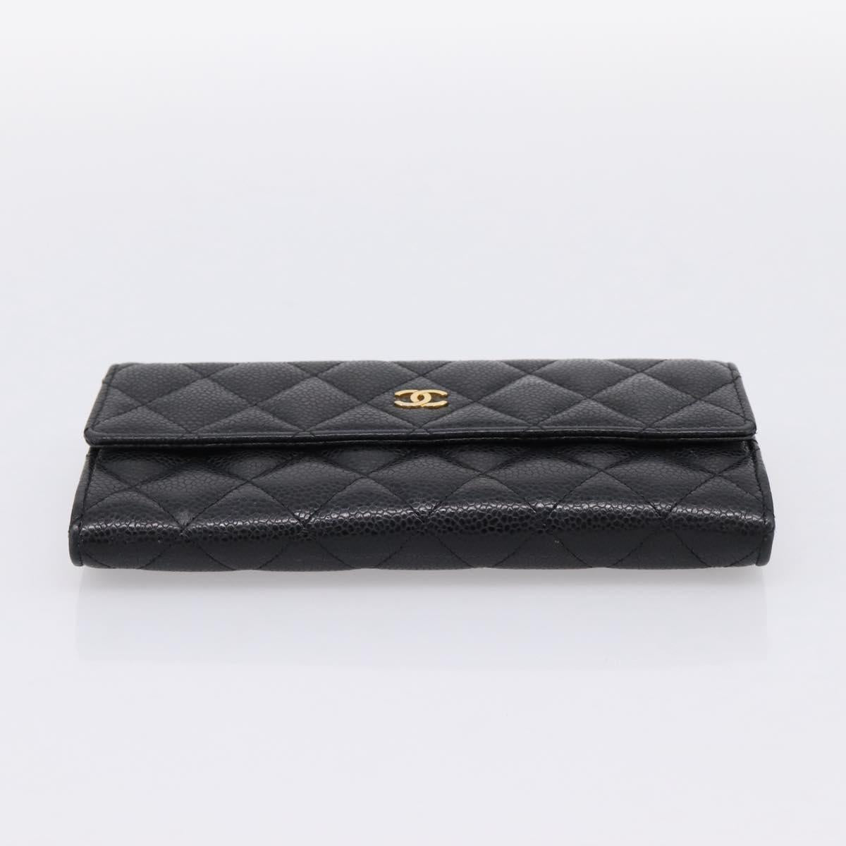 CHANEL Matelasse Long Wallet Caviar Skin Black Gold CC Auth 204114M