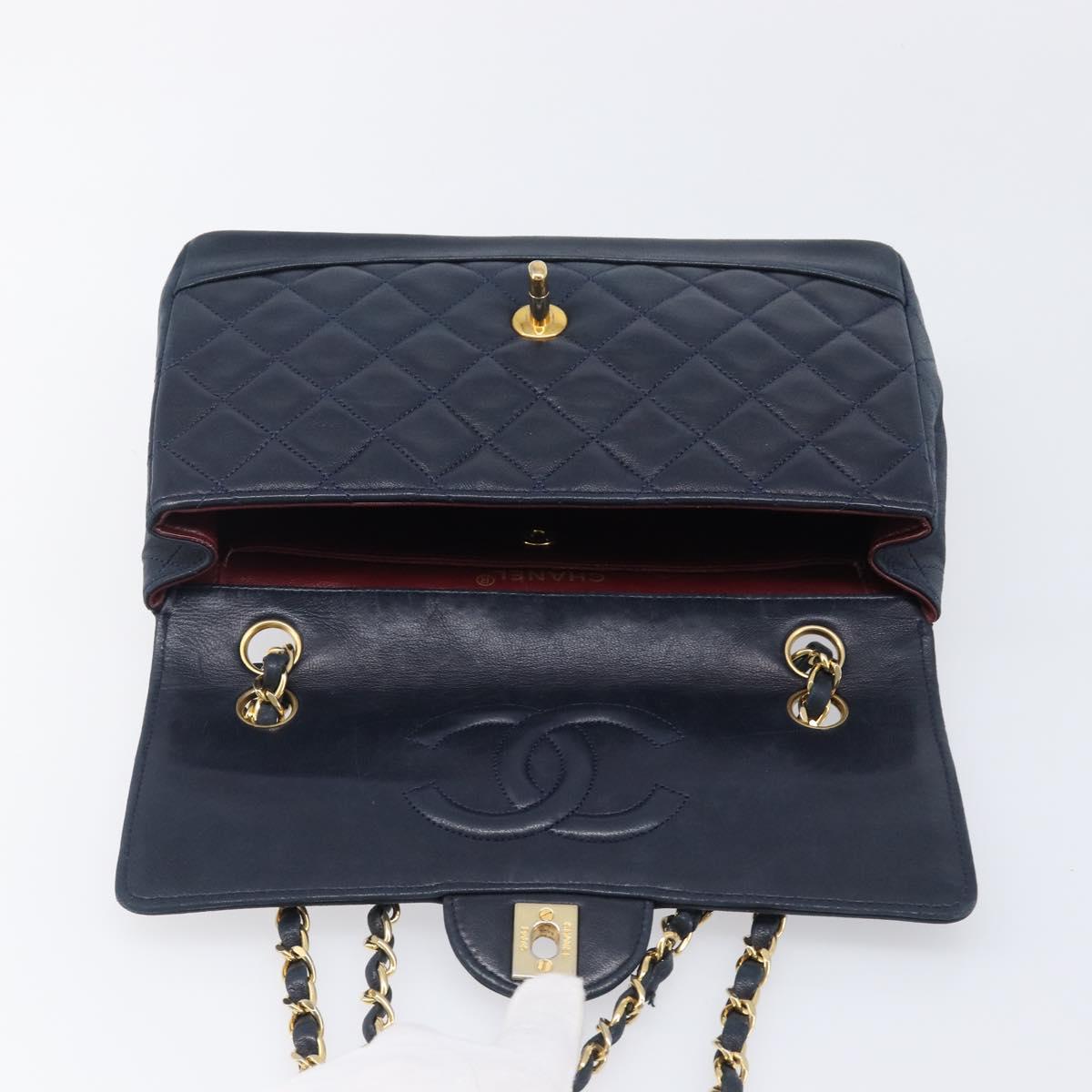 CHANEL Matelasse Chain Shoulder Bag Lamb Skin Navy Gold CC Auth 204122V