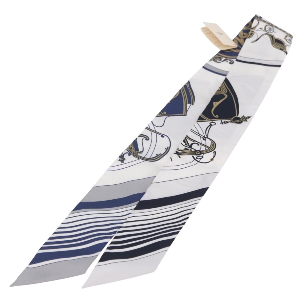 HERMES Twilly Scarf ""EX-LIBRIS"" Silk Navy Blue Auth 204125M