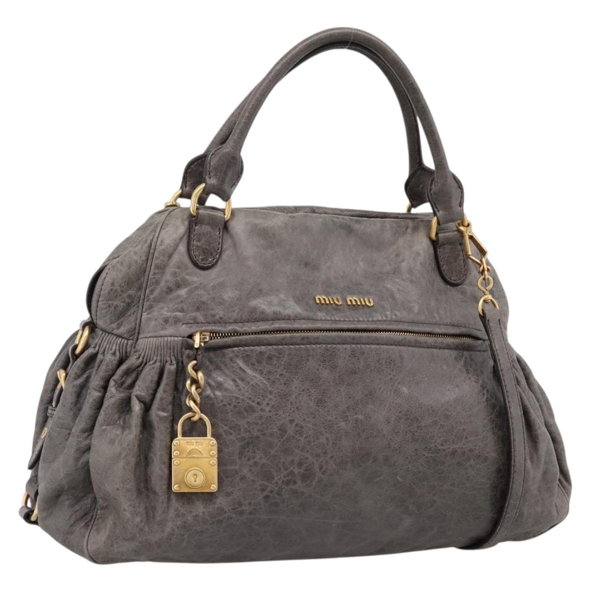 Miu Miu Vitellolux Hand Bag Leather 2way Gray Gold Auth 204126V