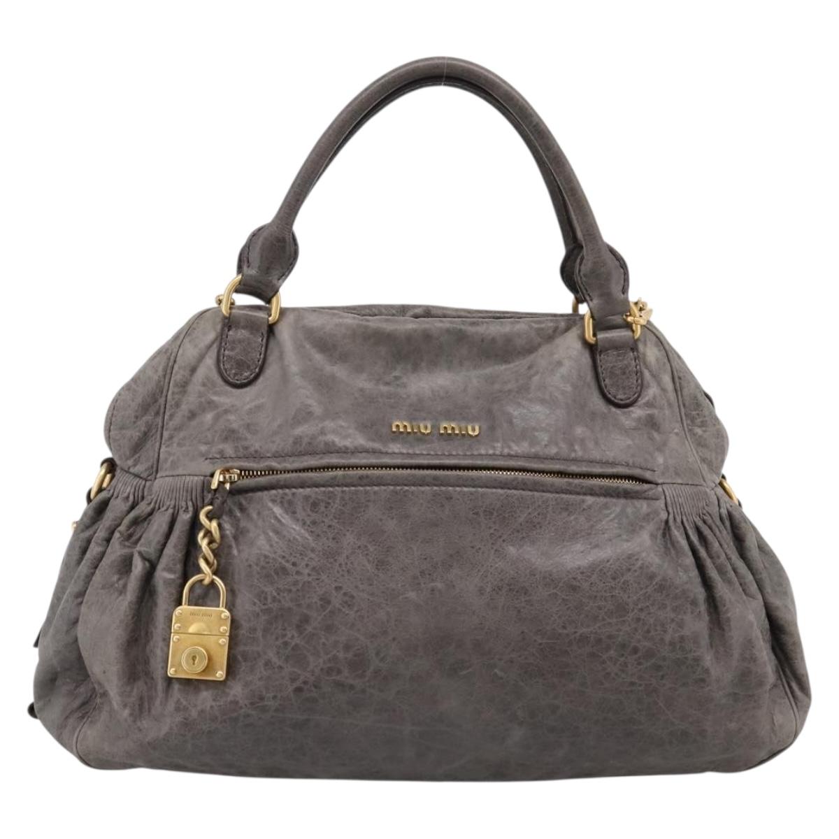 Miu Miu Vitellolux Hand Bag Leather 2way Gray Gold Auth 204126V