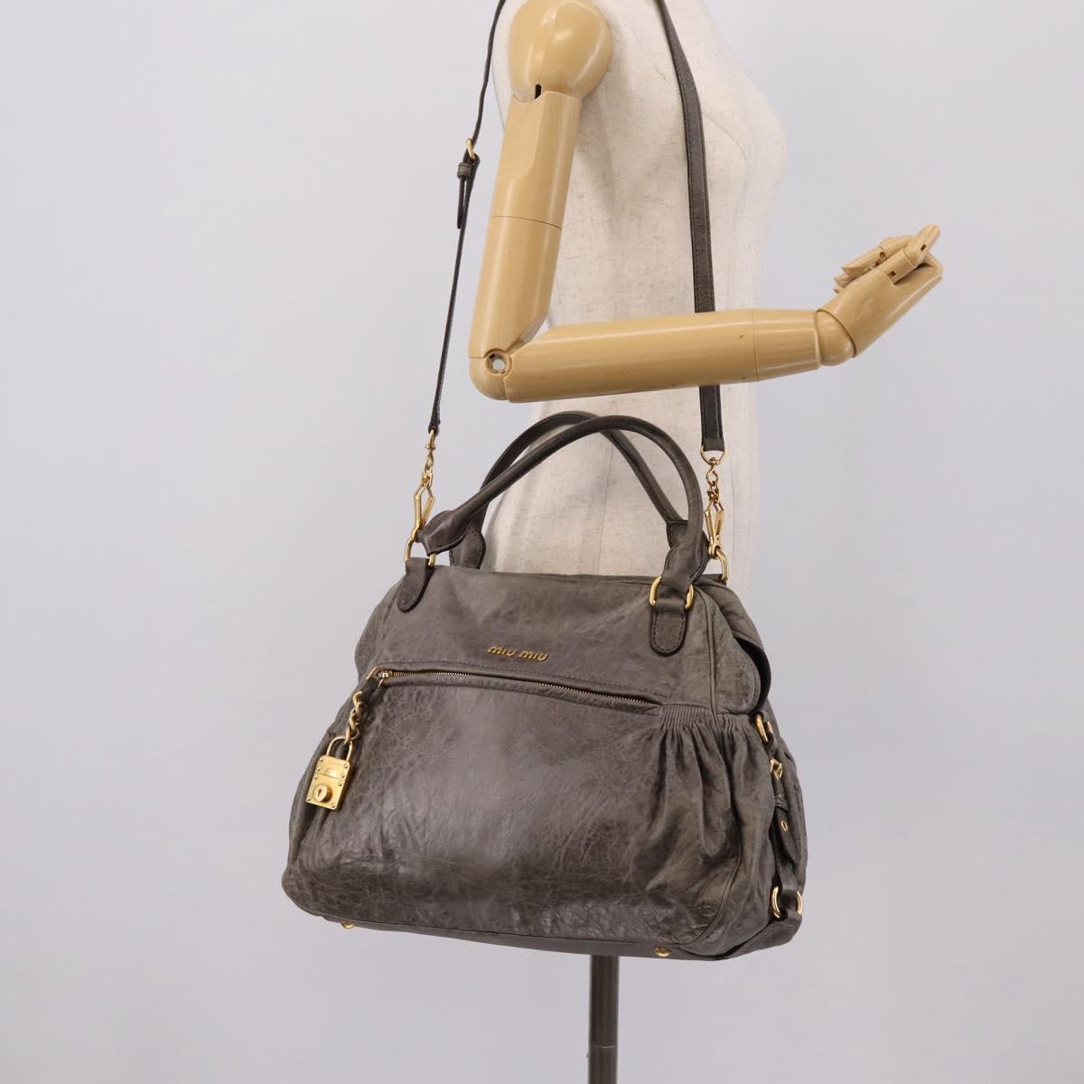 Miu Miu Vitellolux Hand Bag Leather 2way Gray Gold Auth 204126V