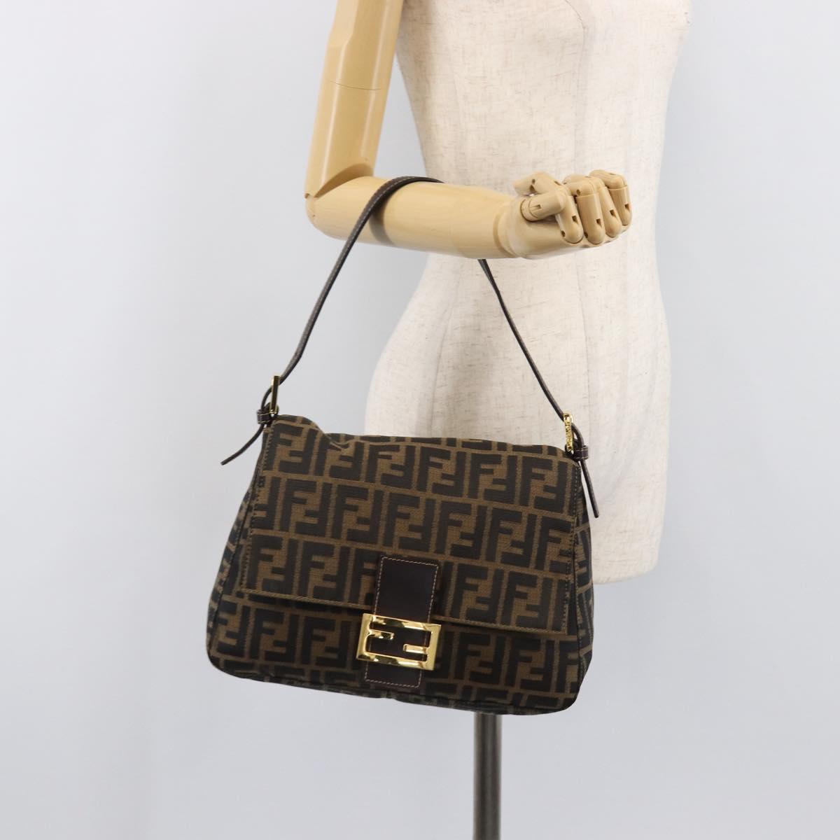 FENDI Zucca Canvas Mamma Baguette Shoulder Bag Black Brown Auth 204132V