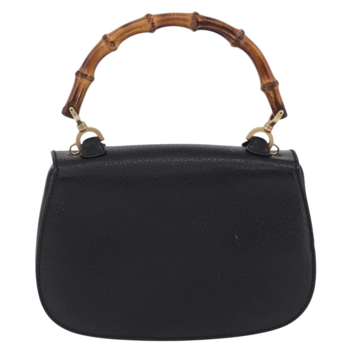 GUCCI Bamboo Hand Bag Leather Black Gold 000 2046 0188 Auth 204145V