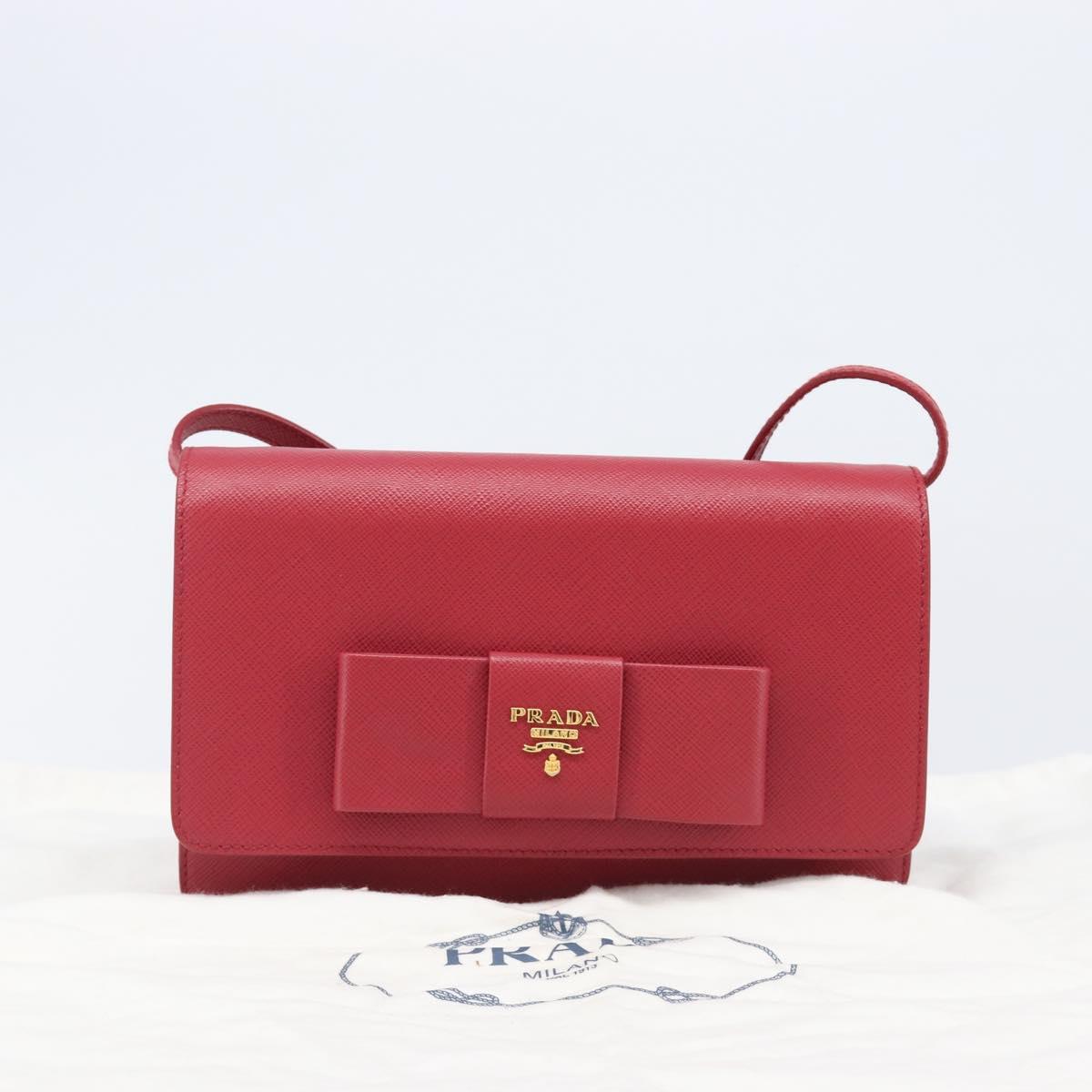 PRADA Chain Wallet Shoulder Bag Safiano leather Red Gold Auth 204149V