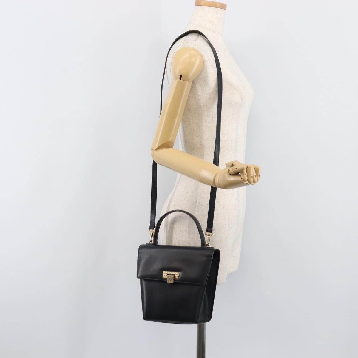 Christian Dior Hand Bag Leather 2way Black Gold Auth 204155