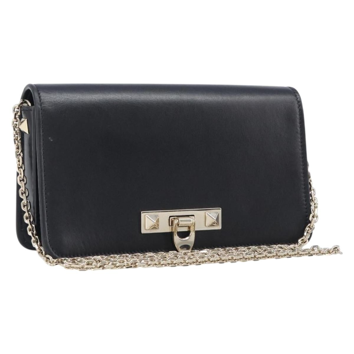 VALENTINO Chain Shoulder Bag Leather Black Gold Auth 204165V